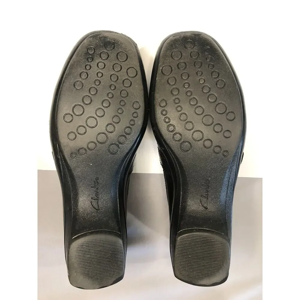 Women’s Clarks Slide On Black‎ Leather Buckle Wedge Comfort Shoes Size 8.5